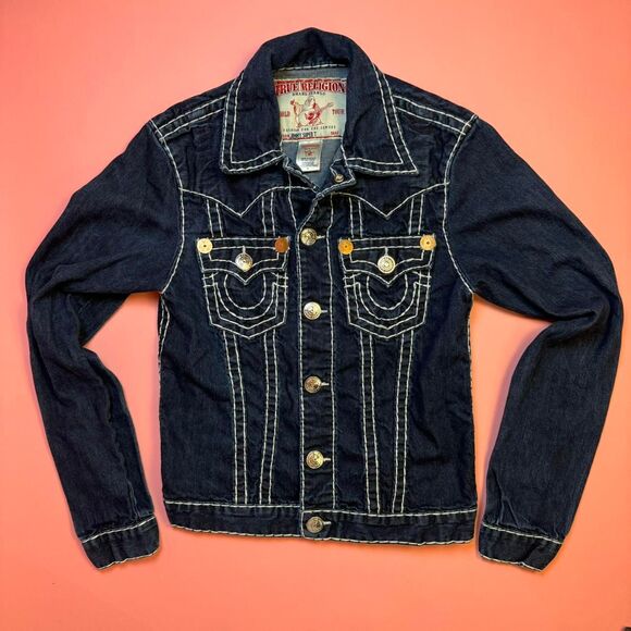 VINTAGE TRUE RELIGION JIMMY SUPER T 1990s Y2K DENIM JACKET💚 - Picture 1 of 16